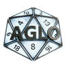 Metallic D20 die with 'AGLO' branding on a transparent background